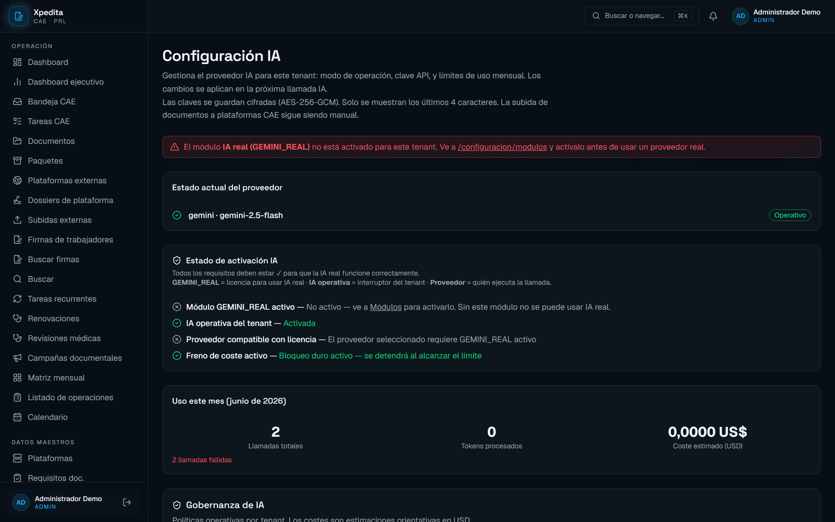 Panel de configuración de IA por tenant en Xpedita