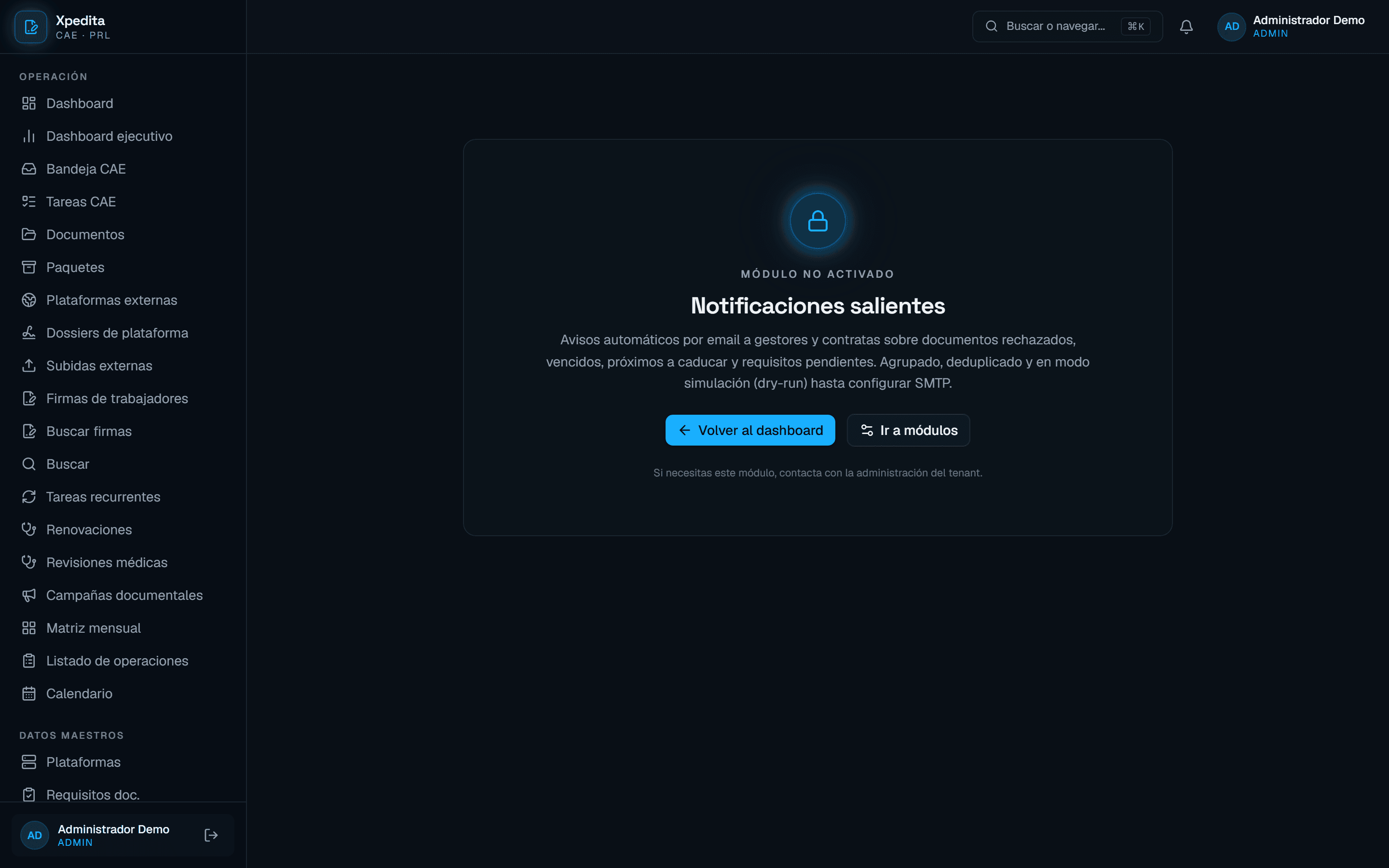 Panel de notificaciones en modo simulación en Xpedita