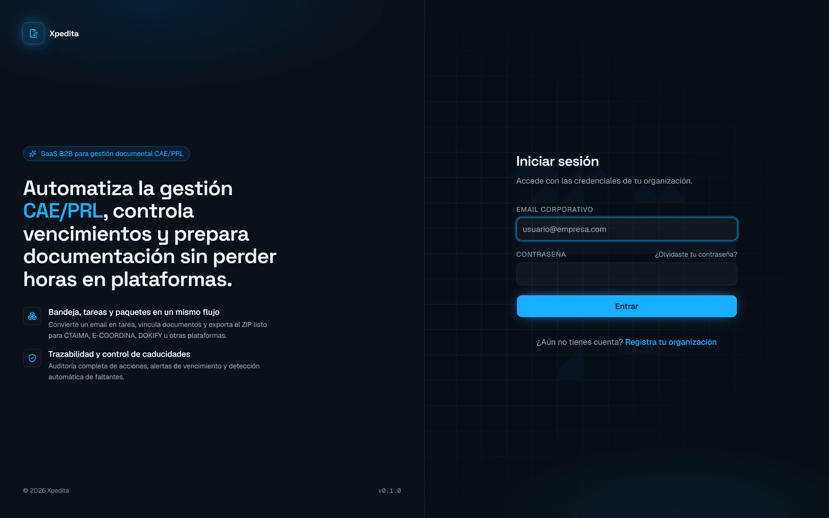 Pantalla de acceso de Xpedita