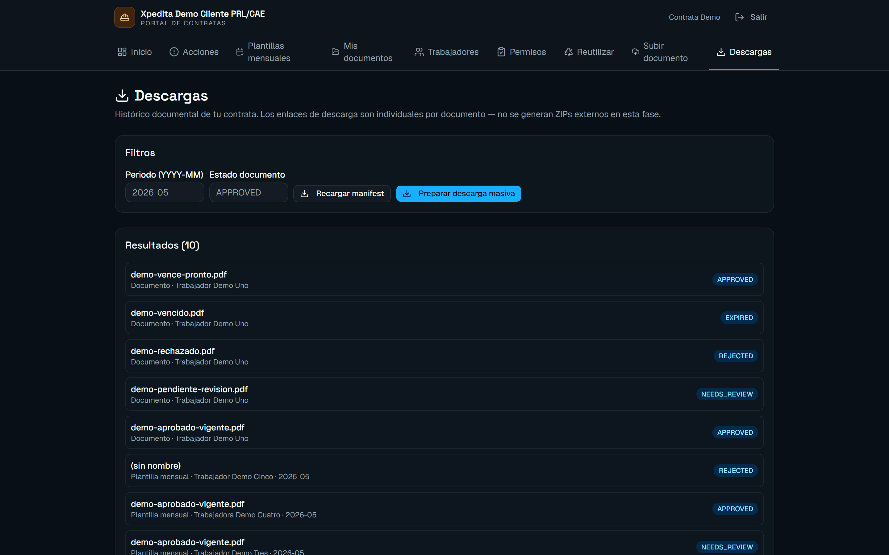 Descargas disponibles en el portal de contratas de Xpedita