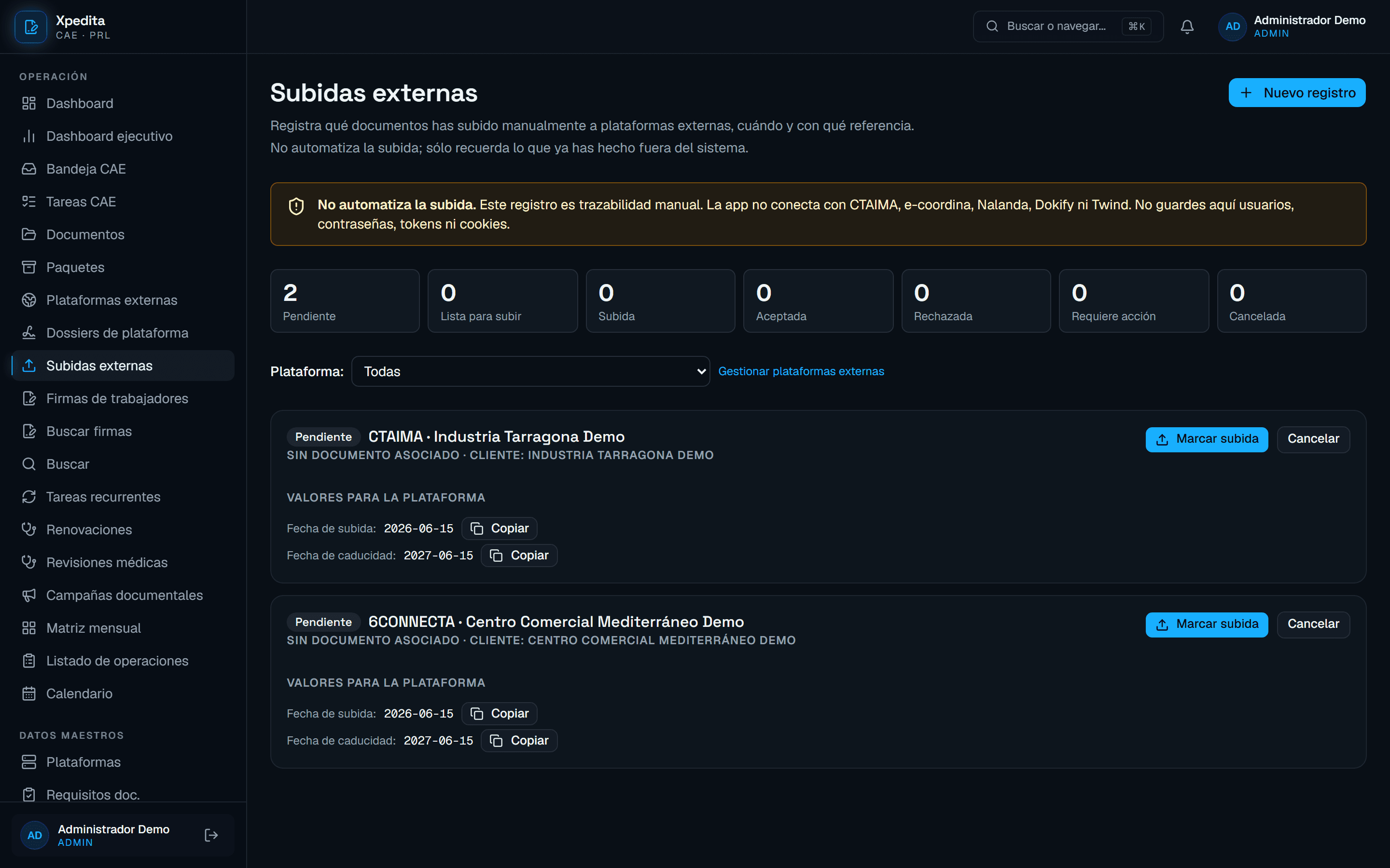 Registro del estado de las subidas externas en Xpedita