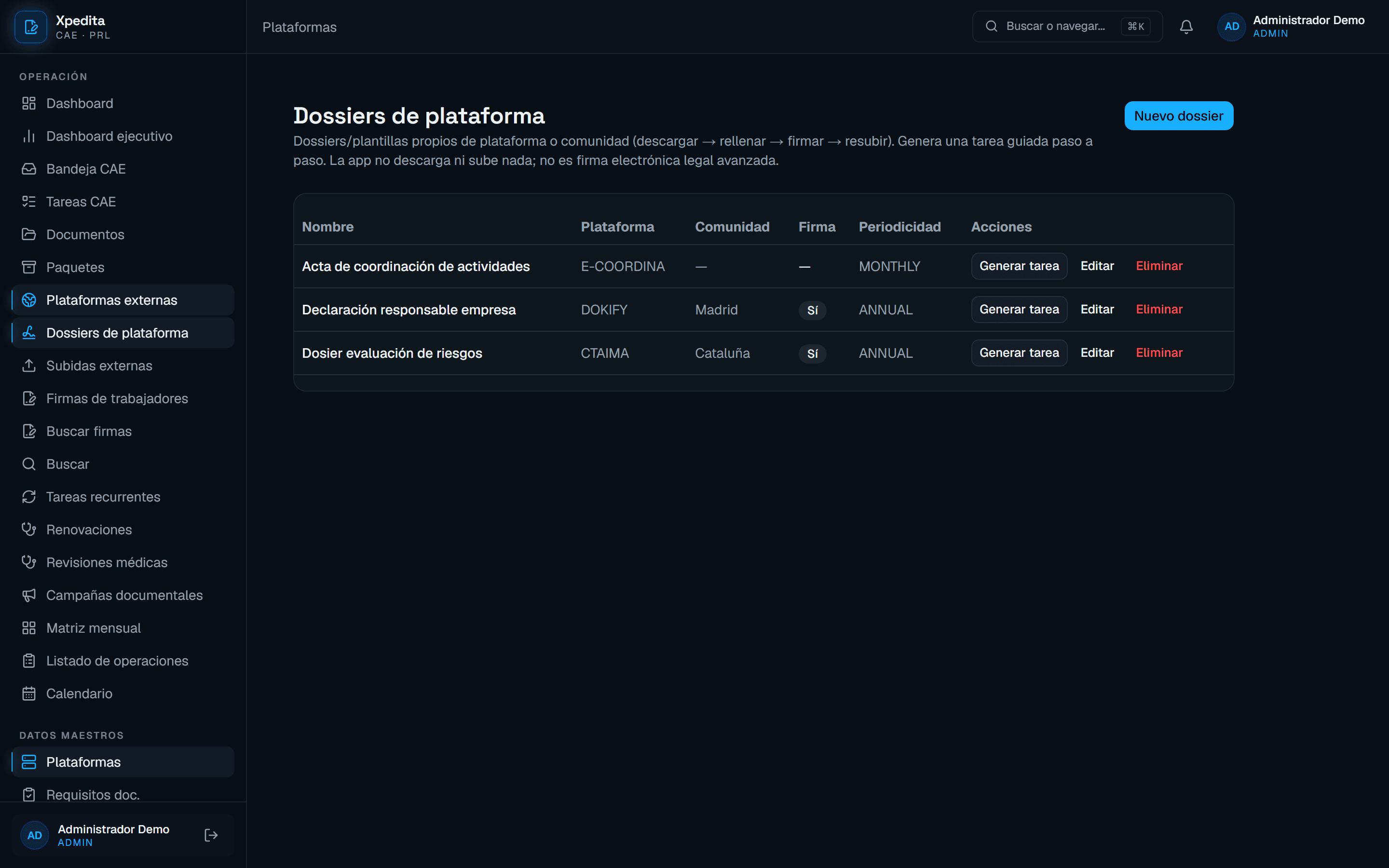 Dossier documental de contrata preparado en Xpedita con la información intercambiada en CAE