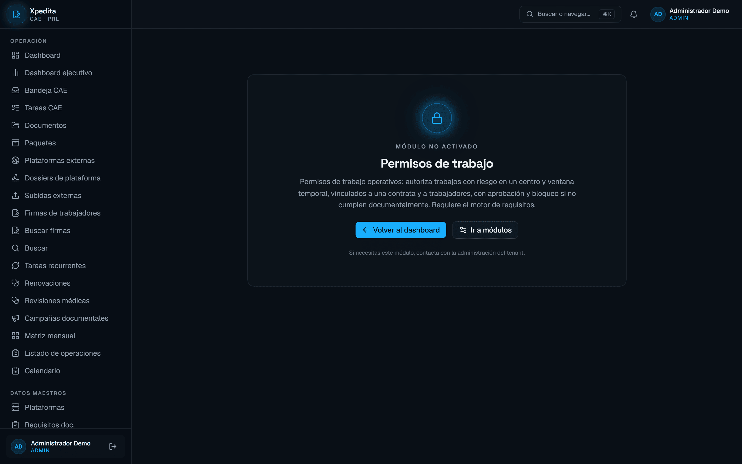 Vista de permisos de trabajo y documentación en Xpedita para contratas de mantenimiento industrial