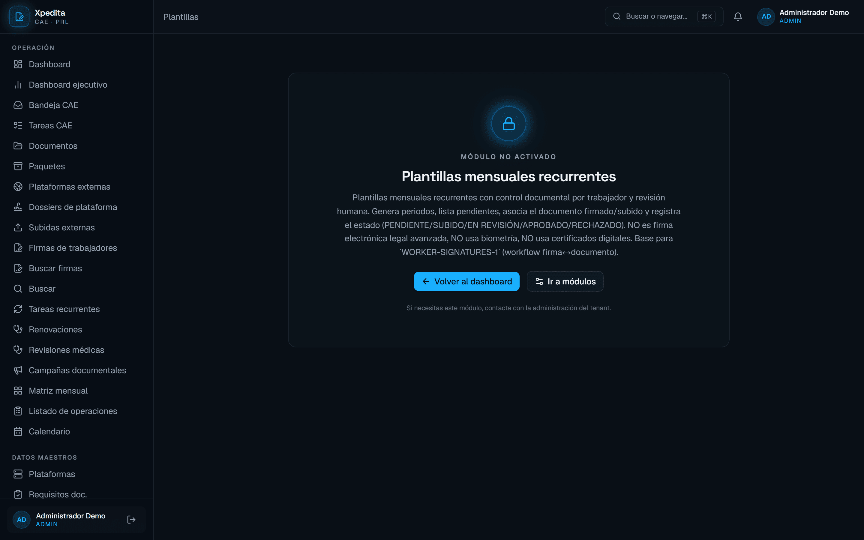 Vista de plantillas mensuales en Xpedita con los documentos que toca renovar por contrata