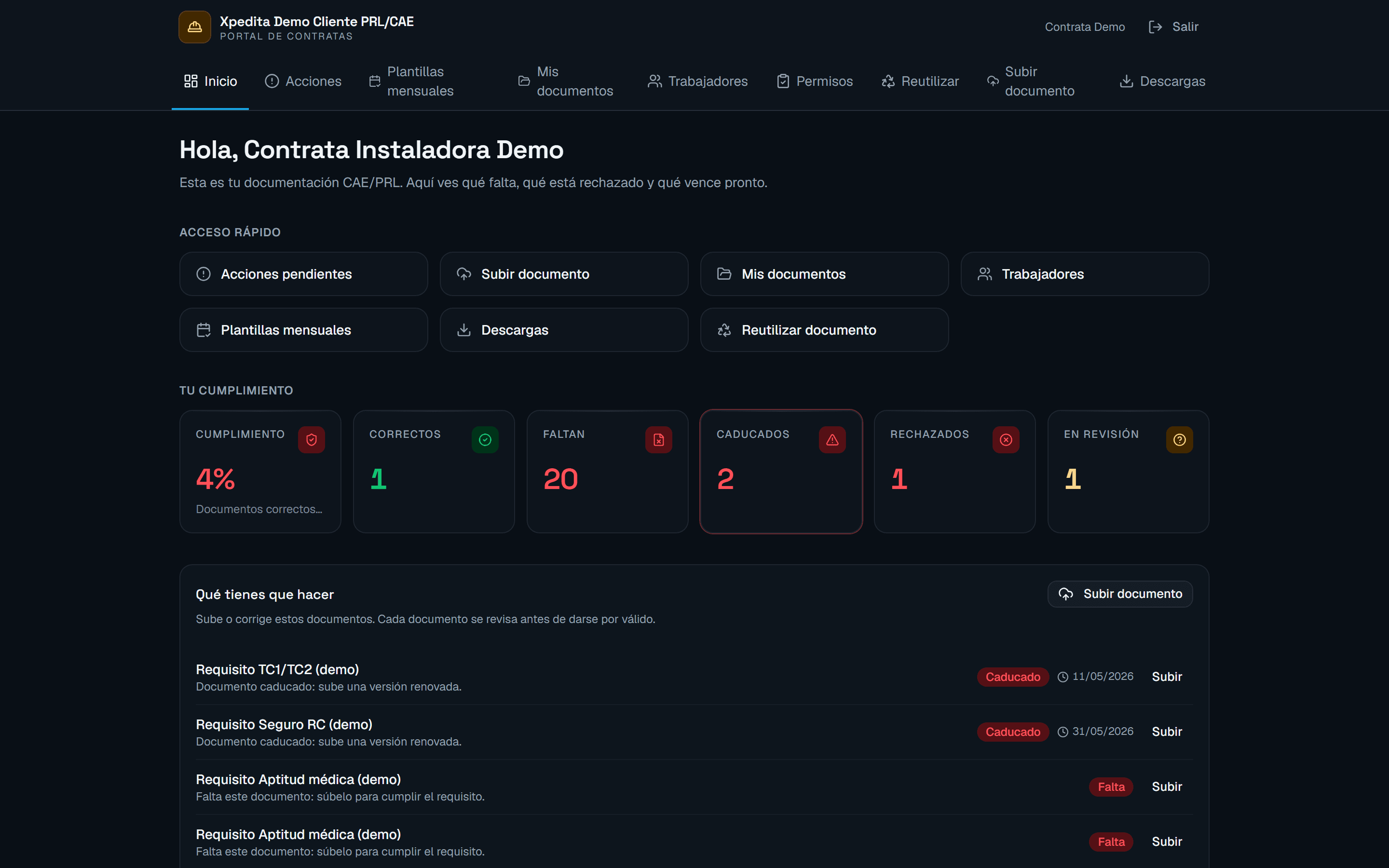 Portal de contratas de Xpedita con el estado documental de cada empresa externa