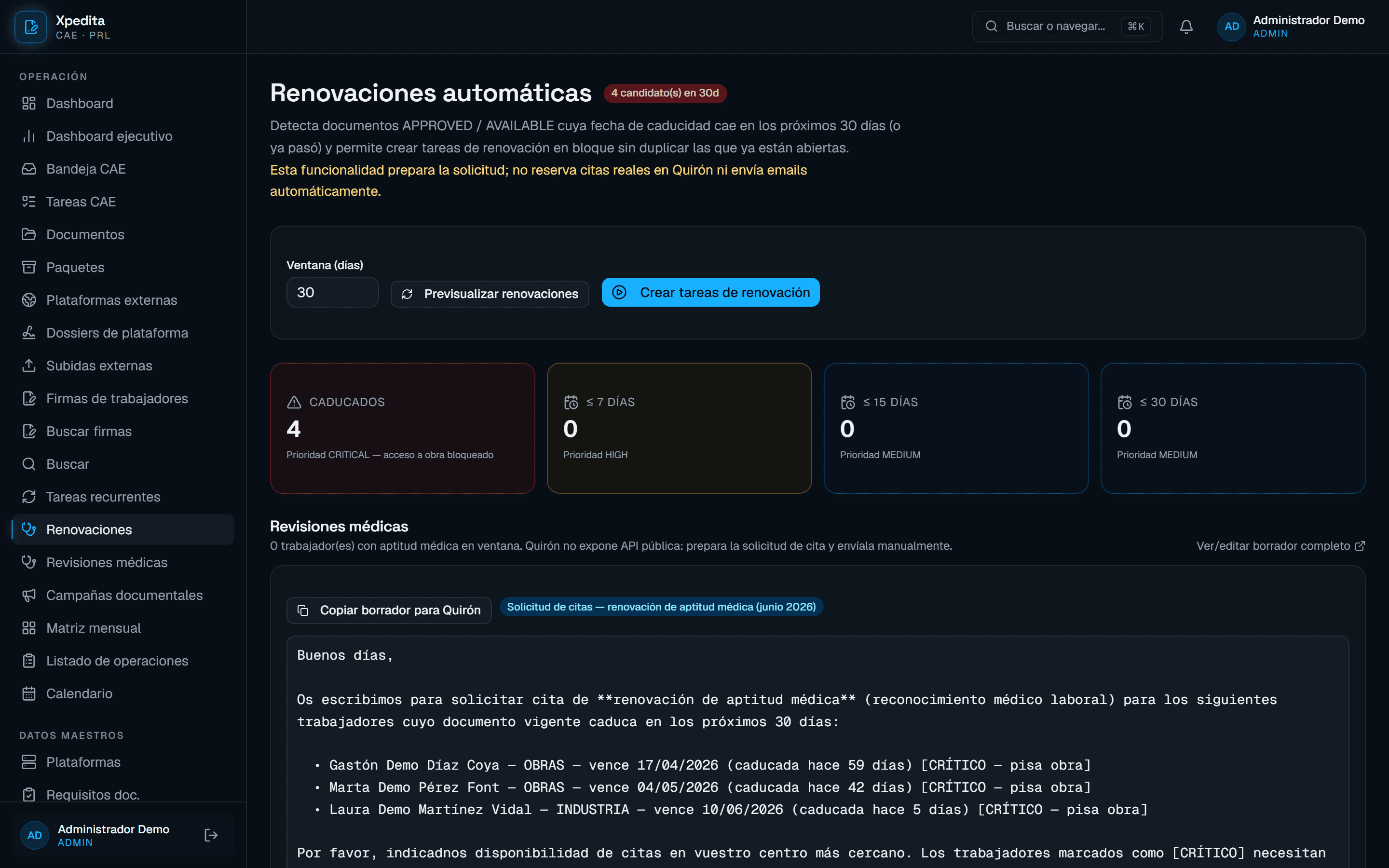 Detección de documentos próximos a caducar y tareas de renovación en Xpedita