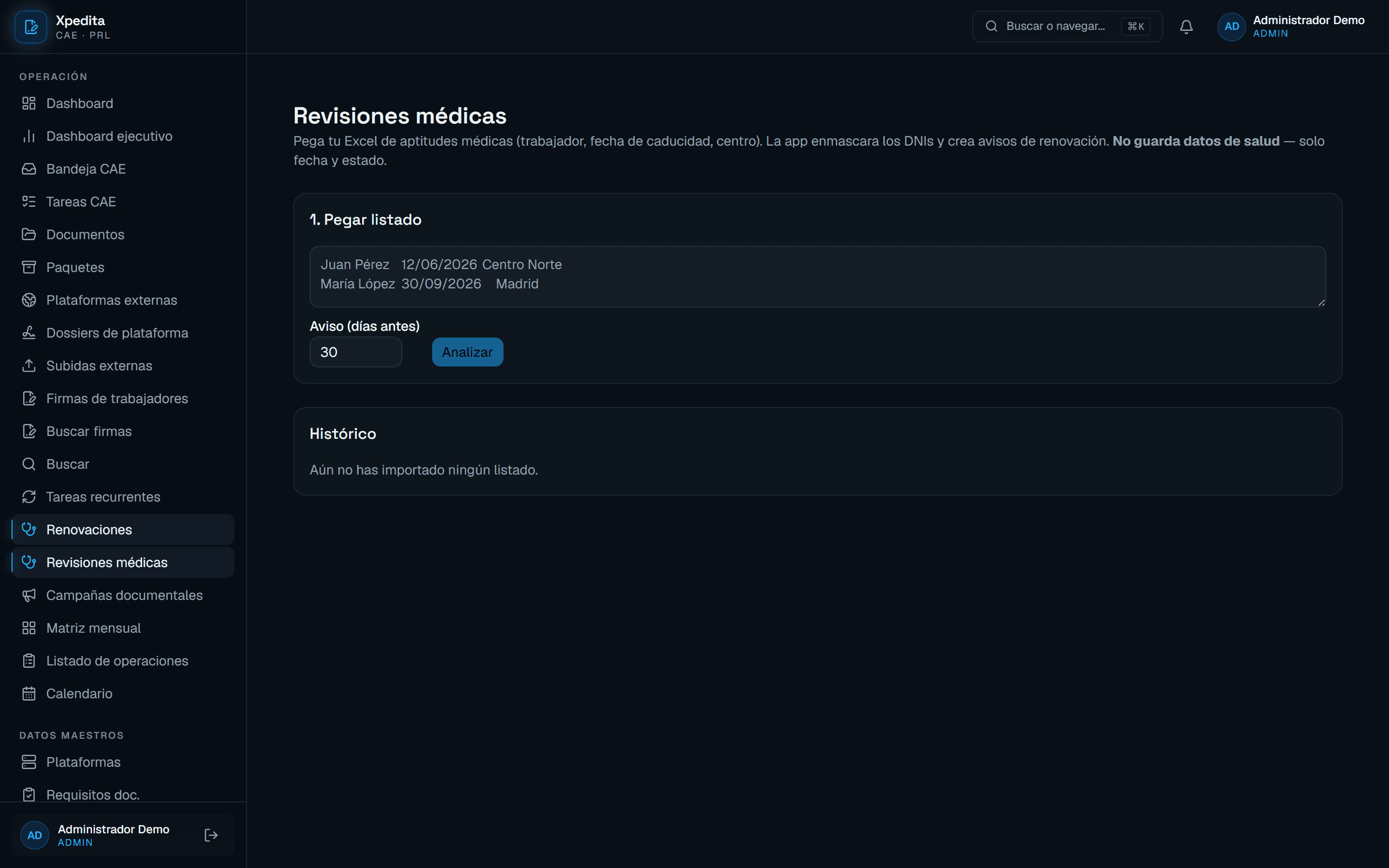 Pantalla de revisiones médicas y renovaciones en Xpedita